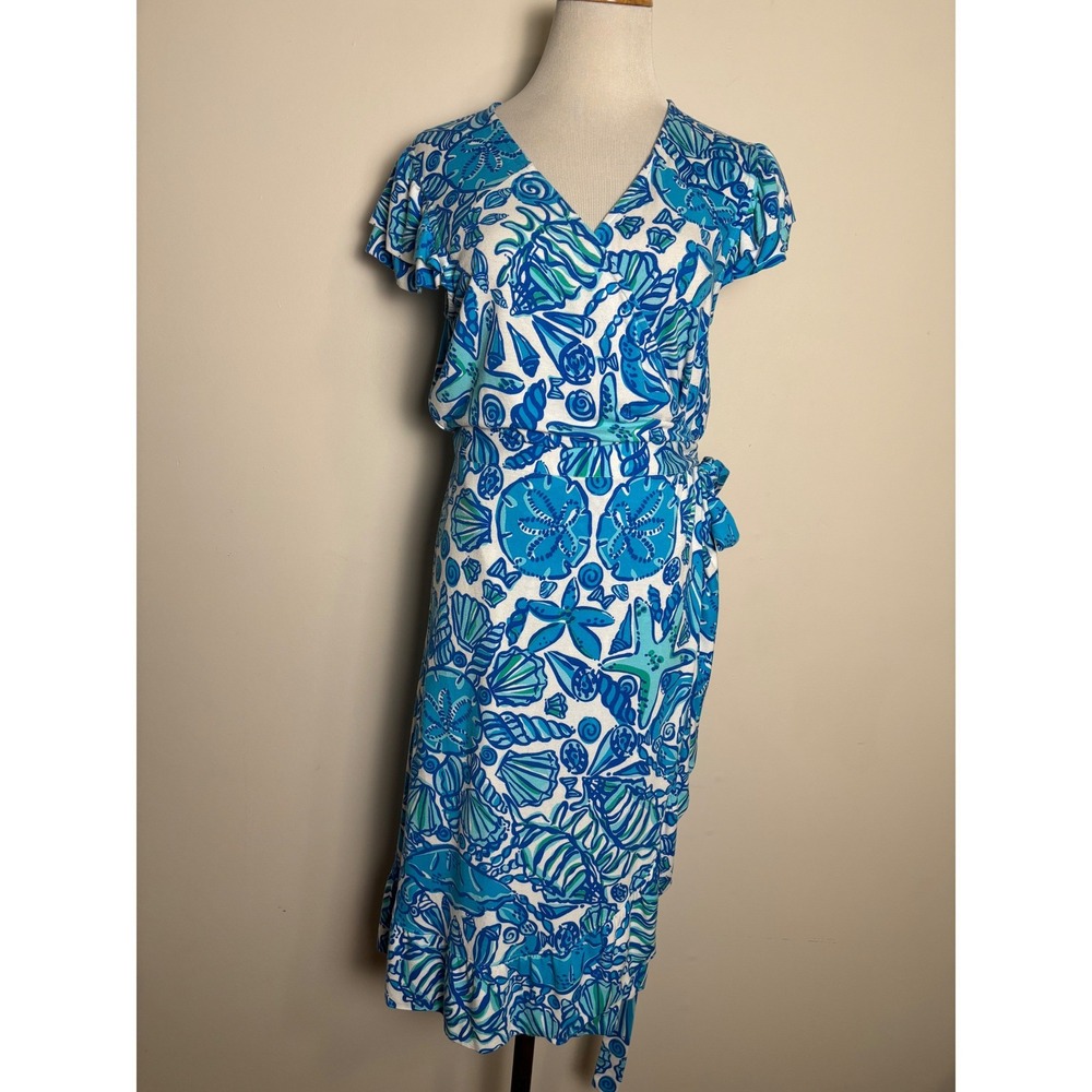 Lilly Pulitzer Womens Wrap Dress L Blue White Starfish Shell Stretch KnitPrint